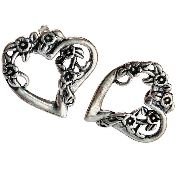 Vintage Sterling Silver 925 Earrings Open Heart Floral Vine Posts 1980s 1990s - Picture 1 of 12